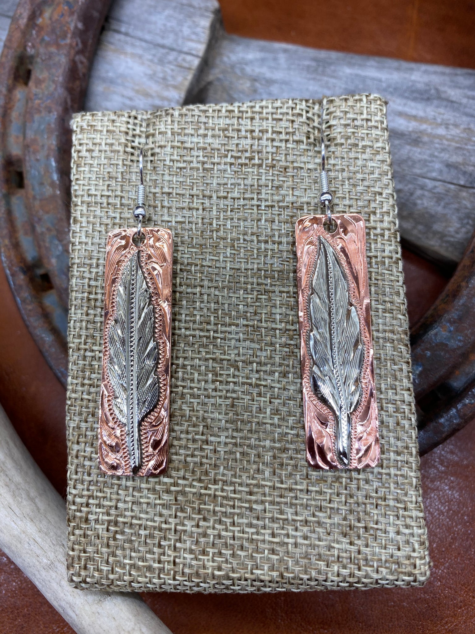 Silver Feather on Copper Earrings