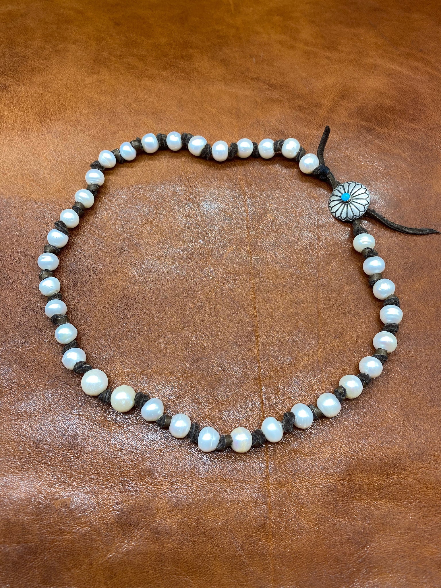 Leather & Pearl Necklace with Sterling Concho