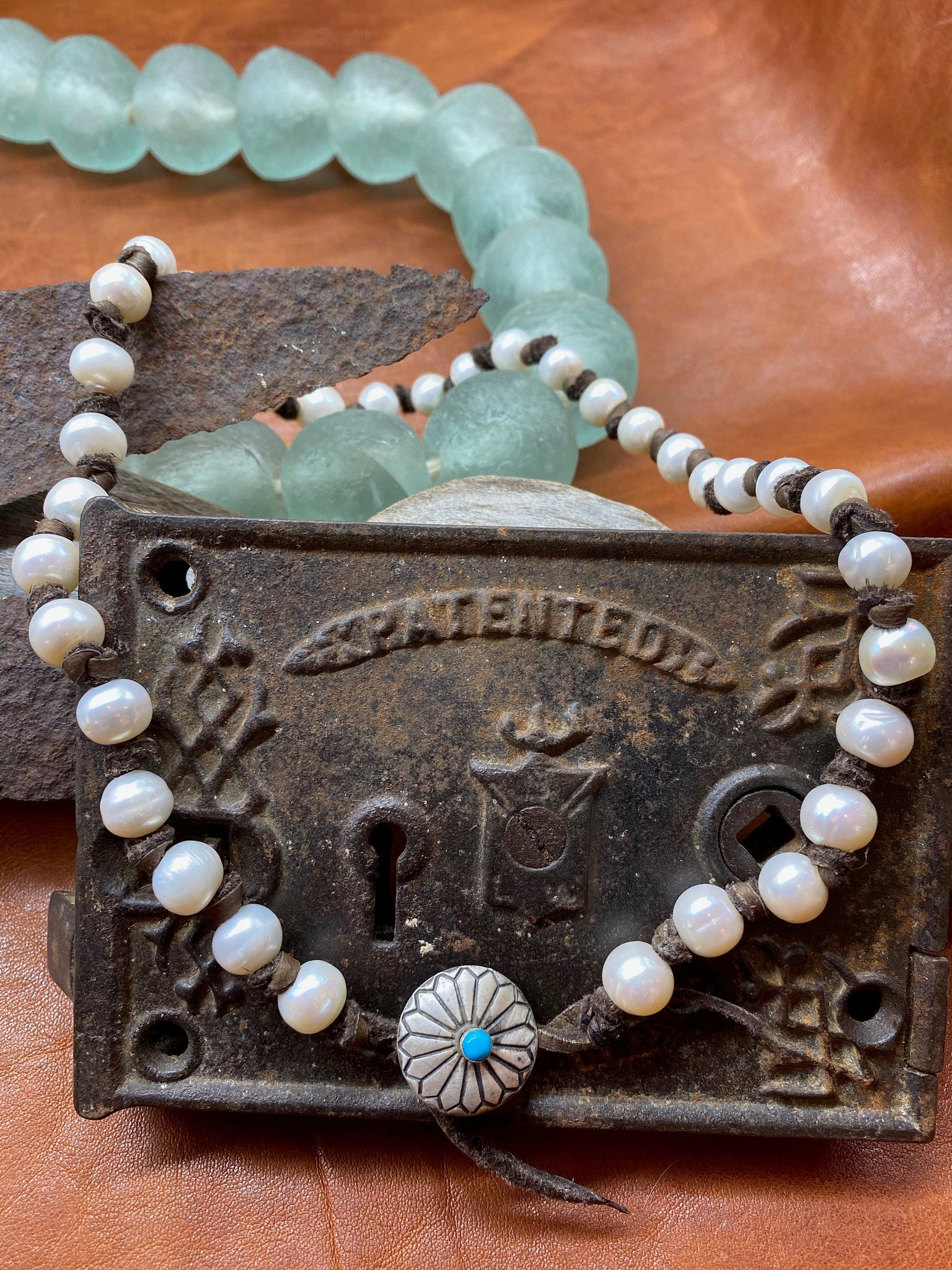 Leather & Pearl Necklace with Sterling Concho